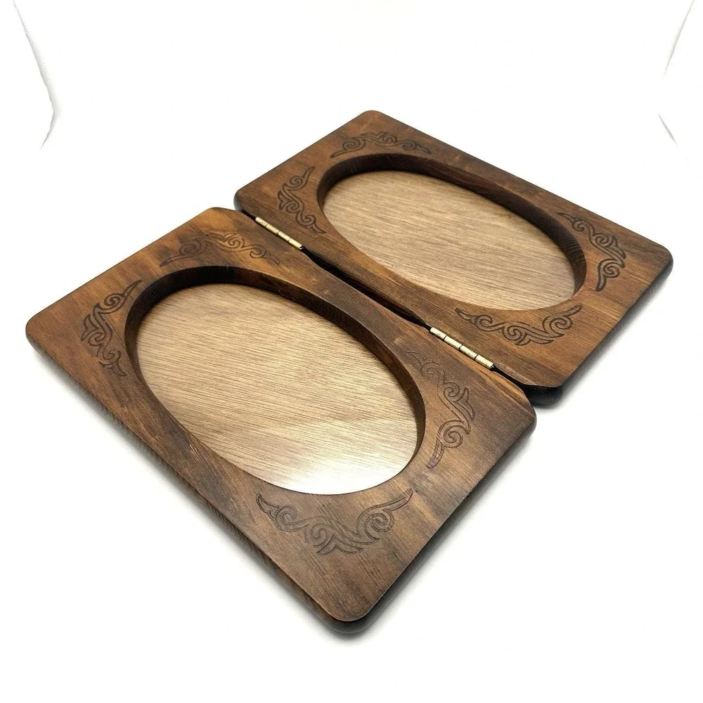 Vintage Wood Double Hinged 5x7 Photo Frame Oval Glass Scrollwork Rustic